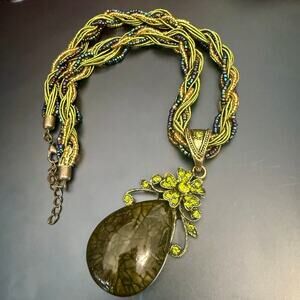 Vintage Romantic Green Oval Rhinestone Pendant Braided Cord